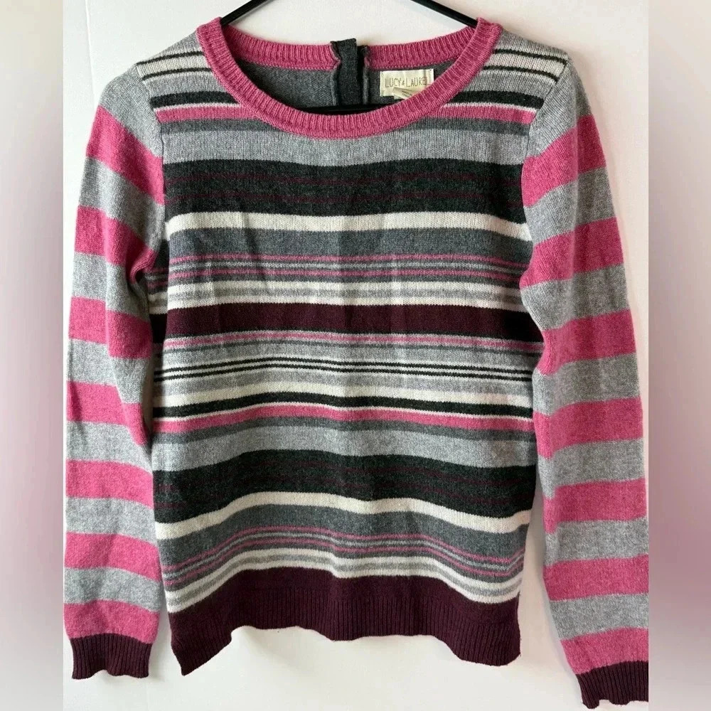 Lucy & Laurel Striped Pink Grey 100% Merino Wool Sweater‎ Sz S